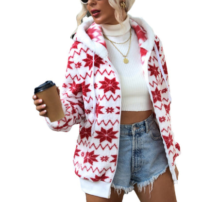 Autumn Winter Women Clothing Loose Hooded Zip Cardigan Olympic Fleece Printed Christmas Coat Women