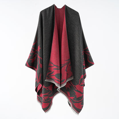 Women Double Sided Loose Shawl Jacquard Split Thickened Warm Split Shawl Popular Cape