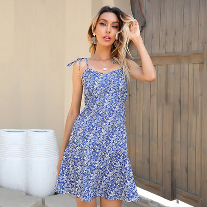 Summer Blue Sexy Backless Floral Tie-Neck Ruffled Spaghetti Straps Dress for Women