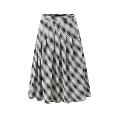 Retro Low Waist Cropped Long Skirt Women Design Pleated Plaid Contrast Color A line Autumn