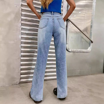 Women Clothing Straight Loose High Waist Slit Jeans Trousers