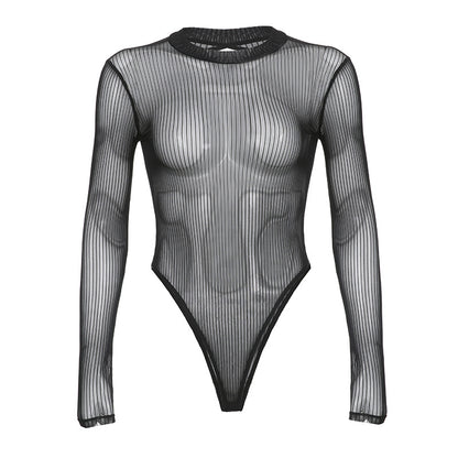 Elegant Slightly Mature Striped Mesh See Through Sexy Long Sleeve Half Turtleneck Backless Bodysuit Women Clothing