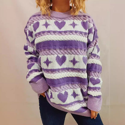 Japanese Korean Station Cute Heart Striped round Neck Pullover Long Sleeve Sweater Loose Fitting Outerwear Top