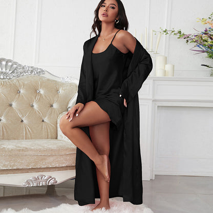 Imitated Silk Pajamas Sexy Lace Bathrobe Slip Nightdress Two Piece Women Artificial Silk Nightgown
