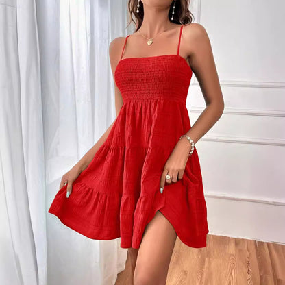 Women Clothing Summer off Neck Camisole Solid Color All Matching Texture Dress