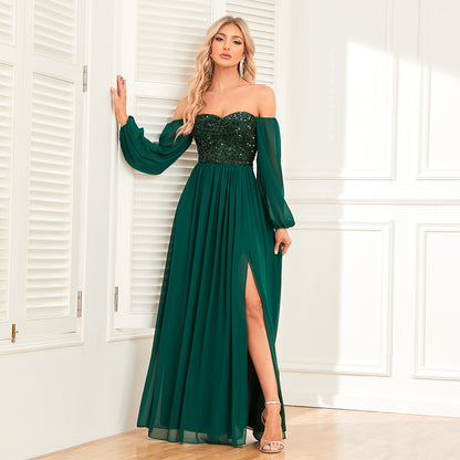 Elegant Multiple Wear off Shoulder High Slit Lace-up Dress Fully Lined Sequin Stitching Chiffon Long Sleeve Dress