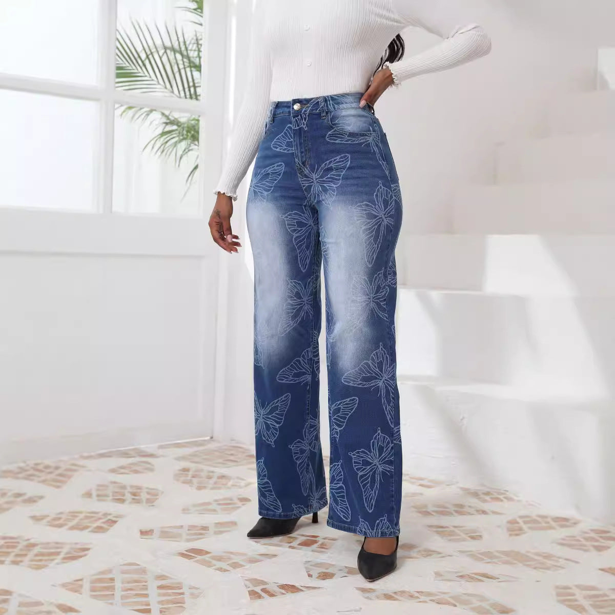 Autumn Winter Jacquard Wide Leg Pants Straight Jeans Now