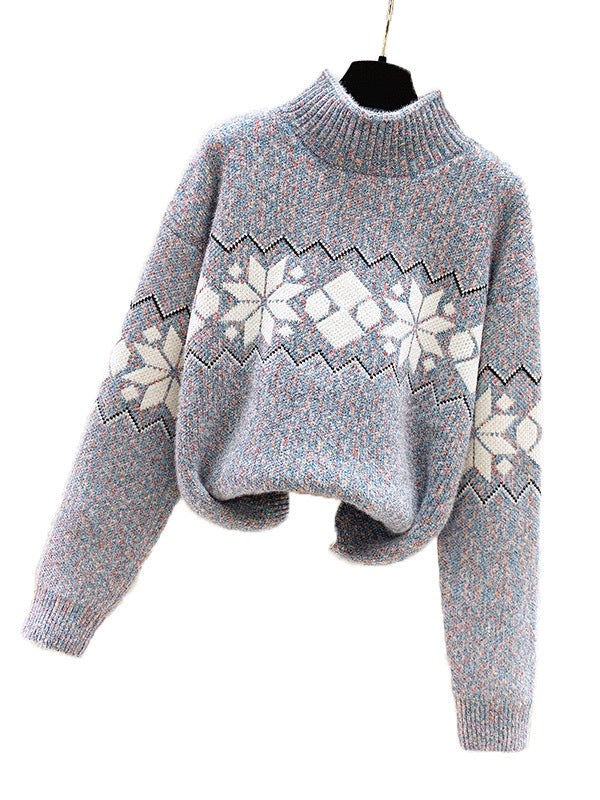 Autumn Winter Half Turtleneck Pullover Women Clothing Snowflake Jacquard Sweater Chenille Top