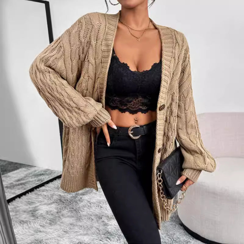 Autumn Winter V neck Sweaters Coat Women Single Breasted Long Sleeve Solid Color Knitted Top Women