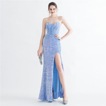 Colorful Sequin Lash Rope Chest Side Slit Tube Top Boning Corset Evening Dress