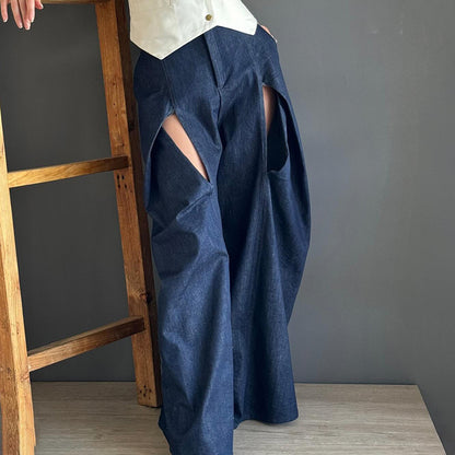 Fashionable Design Jeans for Women Summer Trendy High Waist Pants Hollow Out Cutout out High Grade Straight Leg Pants