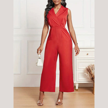 Women Clothing Elegant Graceful Pleated Suit Collar Straight Jumpsuit Office Women