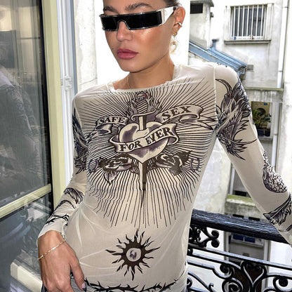 Autumn round Neck Long Sleeve Pullover Print Micro Transparent Casual Women Top