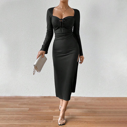 Women Clothing French Elegant Socialite Dress Autumn Winter Square Collar Sexy Slit Slim Midi Dress