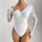 Sexy Solid Color Lace Long Sleeve Sexy See through Slim Fit Jumpsuit