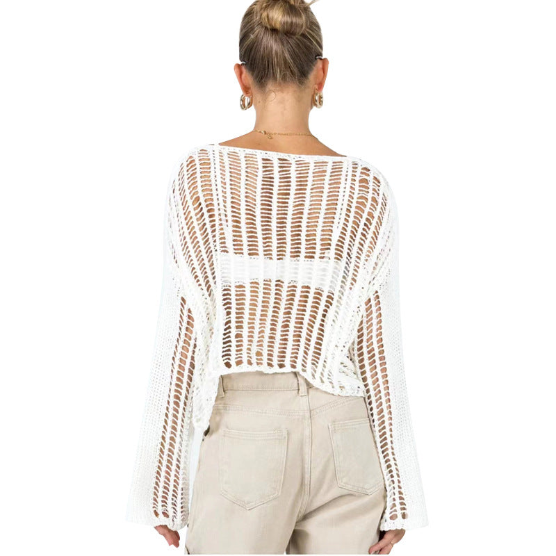 Long Sleeve Hollow Out Cutout Out Knitted Mesh Shirt Women Summer Thin Type Sunscreen Blouse Early Spring Top Outer Wear