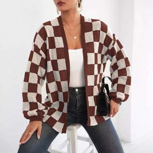 Women Woolen Cardigan Women Clothing Color Contrast Patchwork Chessboard Plaid Loose Casual Sweater Coat