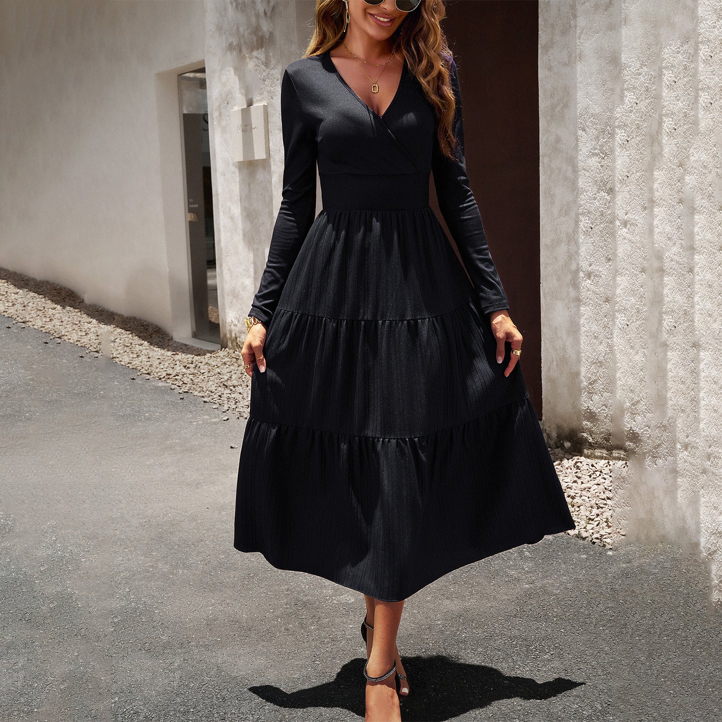 Autumn Dress Office V neck Long Sleeve Pleated Elegant Dress