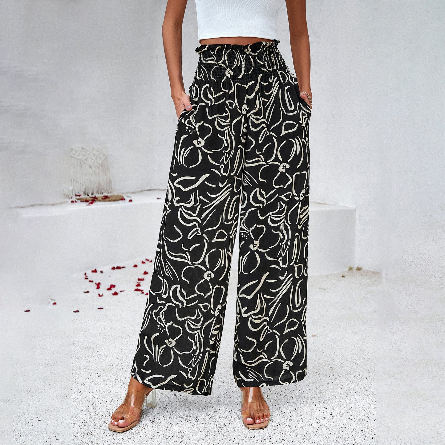 Women Clothing Spring Summer Elegant Printed Loose Trousers