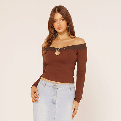 Women Clothing Autumn Winter Retro Long Sleeve Stitching Hollow Out Cutout out Sexy All Match Top