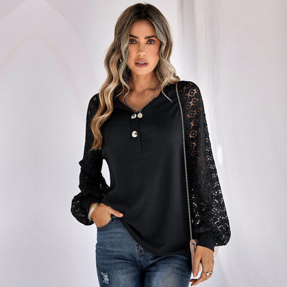 Autumn Winter Trendy Long Sleeve Pullover Casual Lace Button Top Women