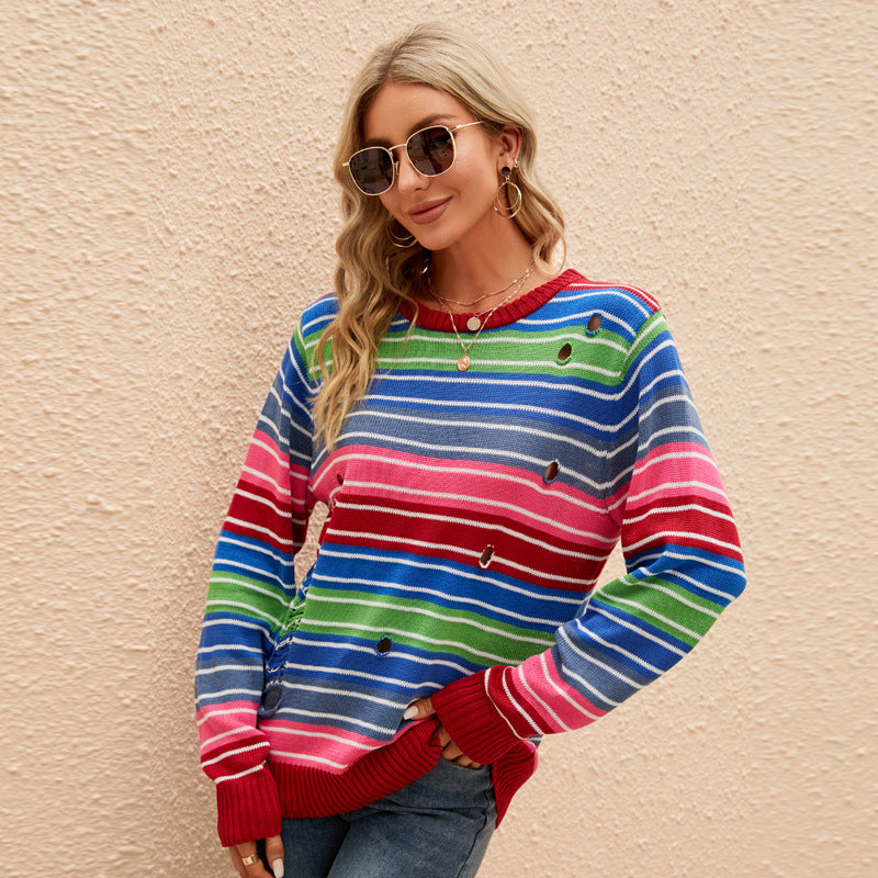 Autumn Winter Color Sweater Long Sleeve round Neck Striped Sweater Loose Casual Contrast Color Ripped Sweater