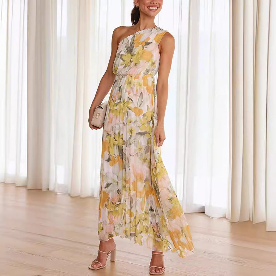 Women Summer Printing Oblique Shoulder Folding Elastic Waist Vacation Dress Dress