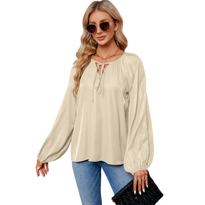 Satin Silk Shirt Women Clothing Lantern Long Sleeve Loose V Neck Lace Up Top