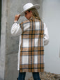 Autumn Winter Polo Collar Single-Breasted Stitching Loose Women Long Plaid Shacket Coat