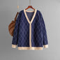 Autumn Winter Long Sleeved Sweater V Neck Loose Button Plaid Cardigan Coat