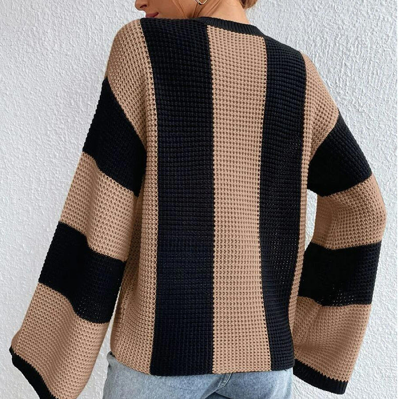 Autumn Winter Western Knitted Sweater Top Round Neck Striped Niche Sweater Coat Women