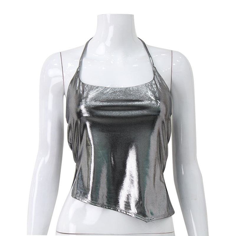 Metallic Coated Fabric Top Halter Spaghetti Straps Sexy Short Reflective Shiny Silver Color Split Disco Top for Women