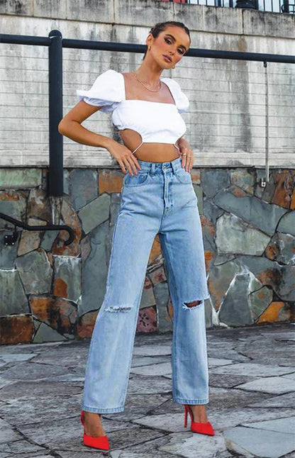 Ripped Jeans Women Ripped High Waist Trousers Loose Straight Jeans