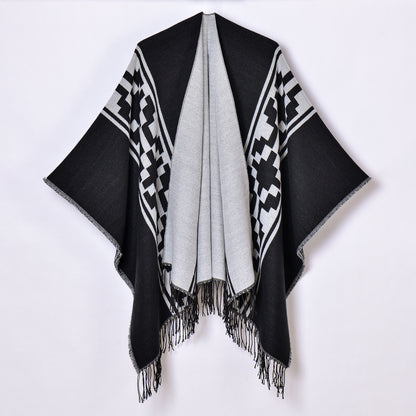 Women Shawl Simple Tassel High Quality Jacquard Split Talma Catwalk Show Outerwear