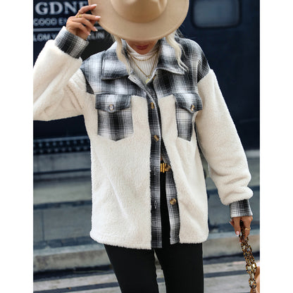 Women Plush Plaid Stitching Breasted Long Sleeve Plaid Collared Plush Coat