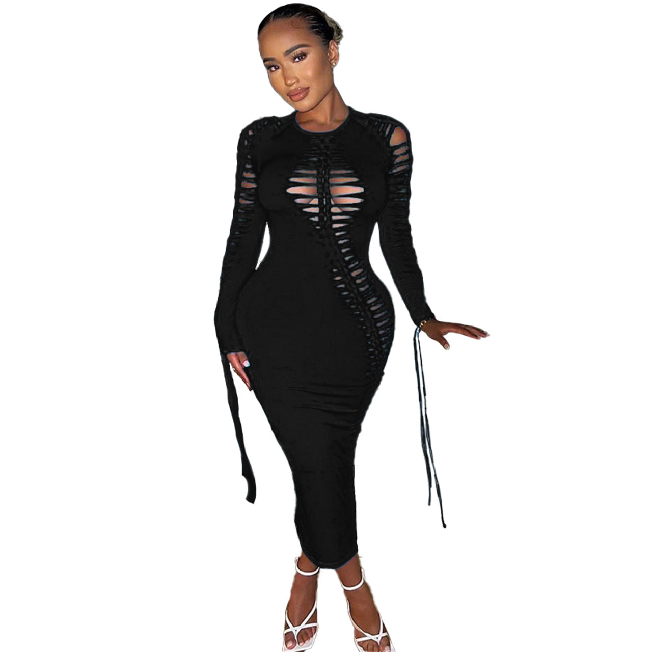 Women Clothing  Woven Long Sleeve Lace up Sexy Dress