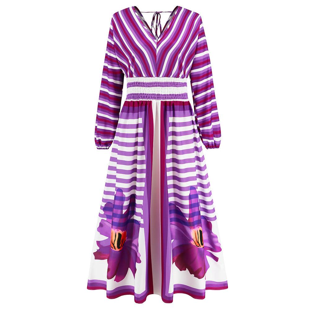 Autumn Winter Women Long Sleeve V Neck Swing A Line Printed Dress Slim Retro Maxi Dress