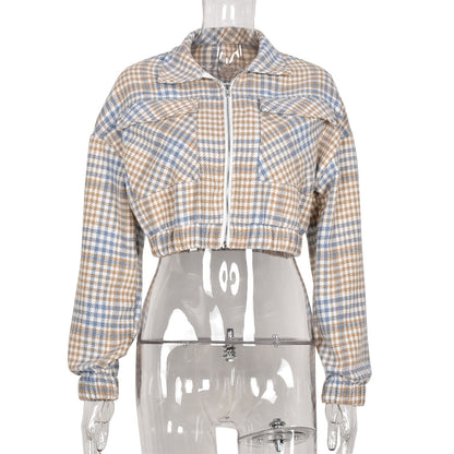 Coat Short Bare Cropped Slim Fit Plaid Shacket Collar Long Sleeve Blouse