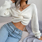 Autumn Winter Long-Sleeved Knotted cropped Knitted Sweater Women Clothing