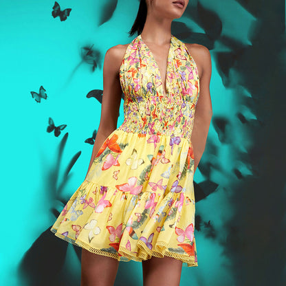 Retro Printed Vacation Summer Halter Design Deep V Plunge neck Sleeveless Short Dress for Women