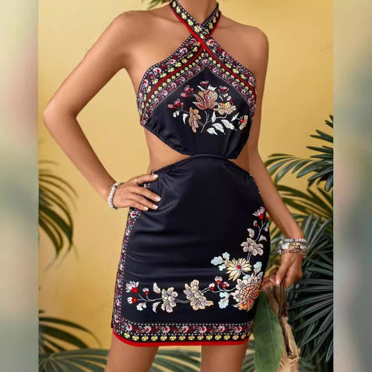 Sexy Printing Backless Halter Short Beach Dress Women