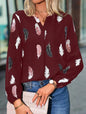 Women Clothing Spring Summer V neck Feather Print Long Sleeve Loose T shirt Women Top