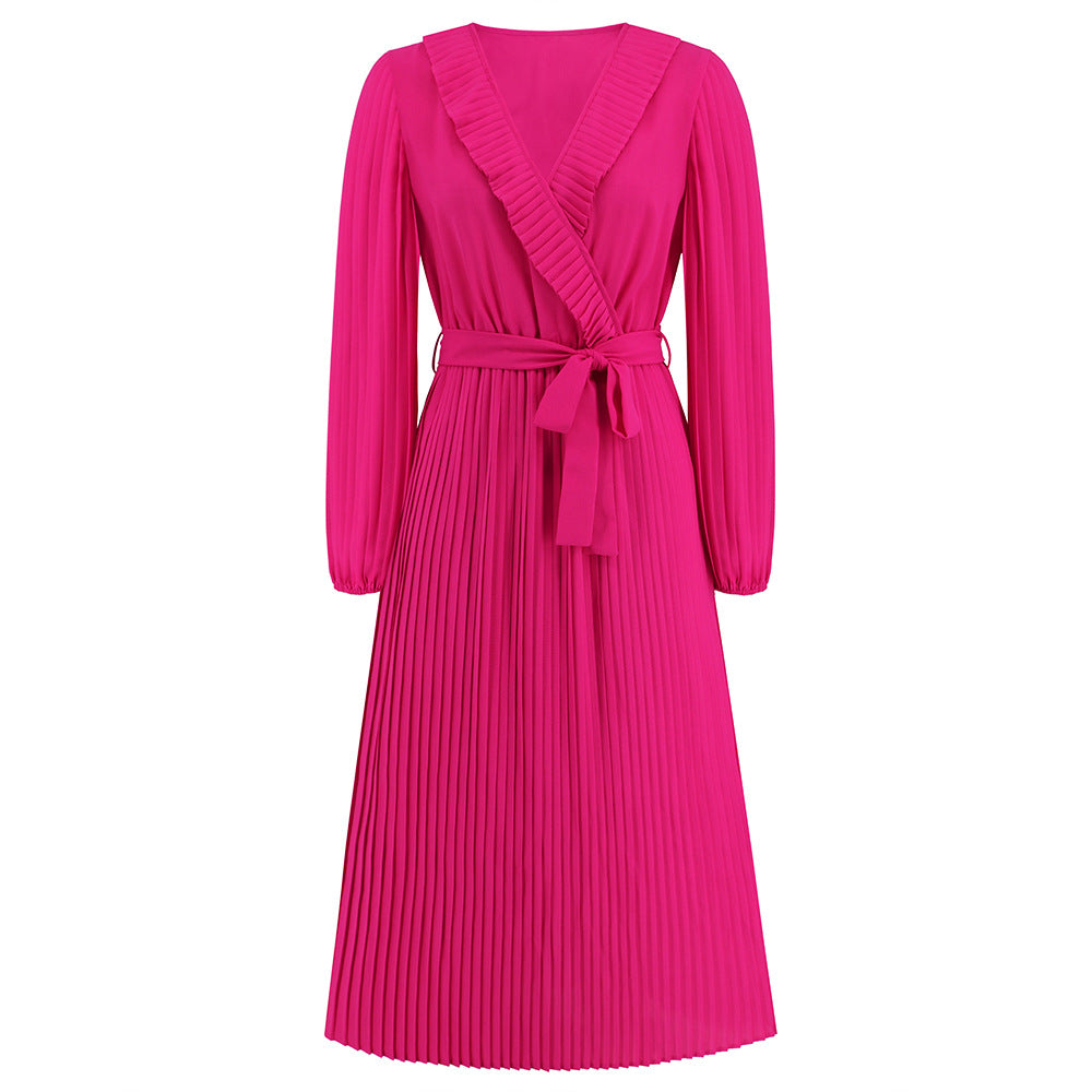 Autumn Winter Ruffled V Neck Long Sleeved Pleated Dress Slim Fit Elegant Dress Women