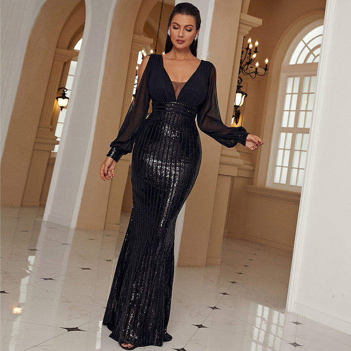 V-neck Hepburn Long Sleeve Noble Long High Class Elegant Socialite Light Luxury Fishtail Sequ Evening Dress