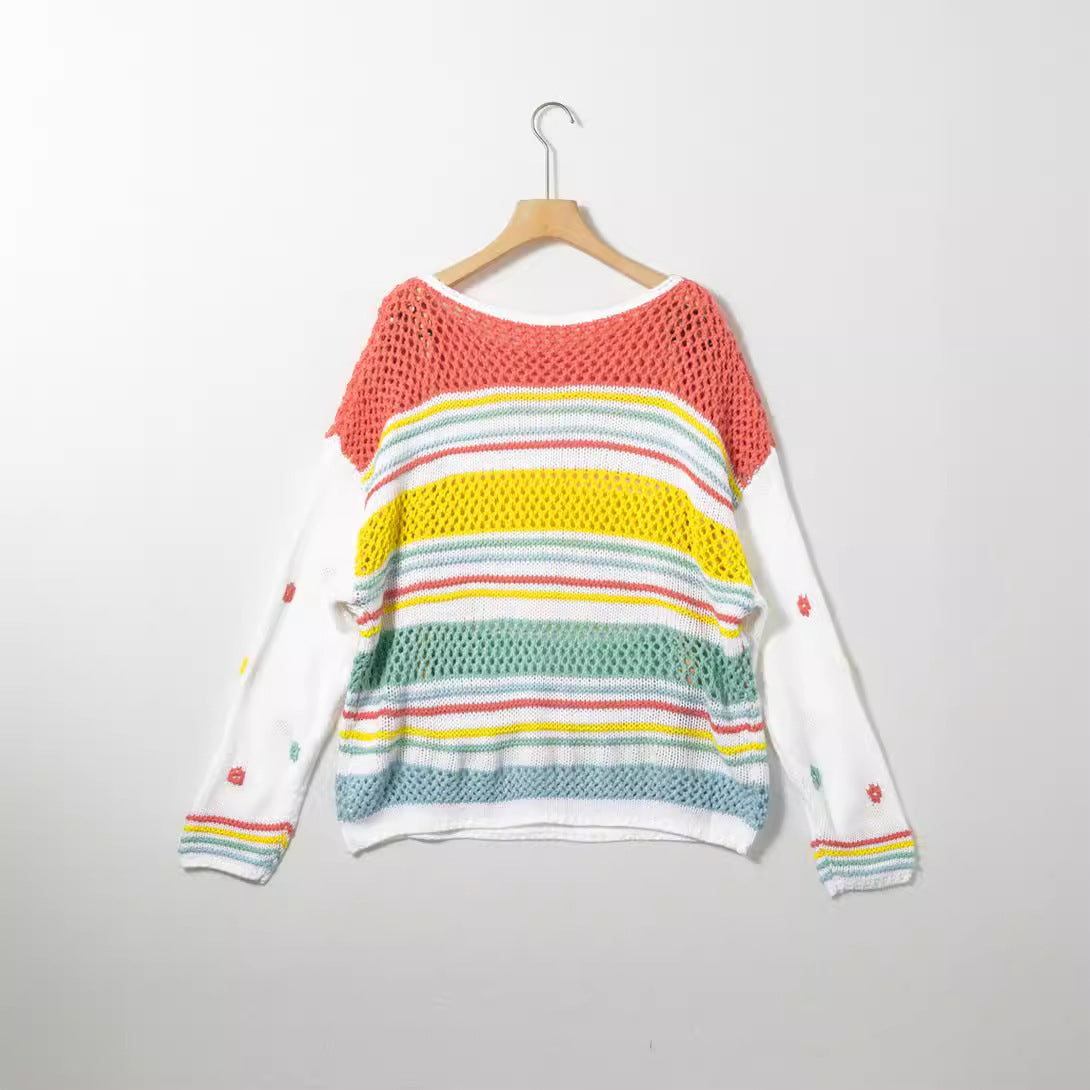 Casual Idle Colorized Sweater Women Winter Dopamine Mixed Color Stripe Women Pullover