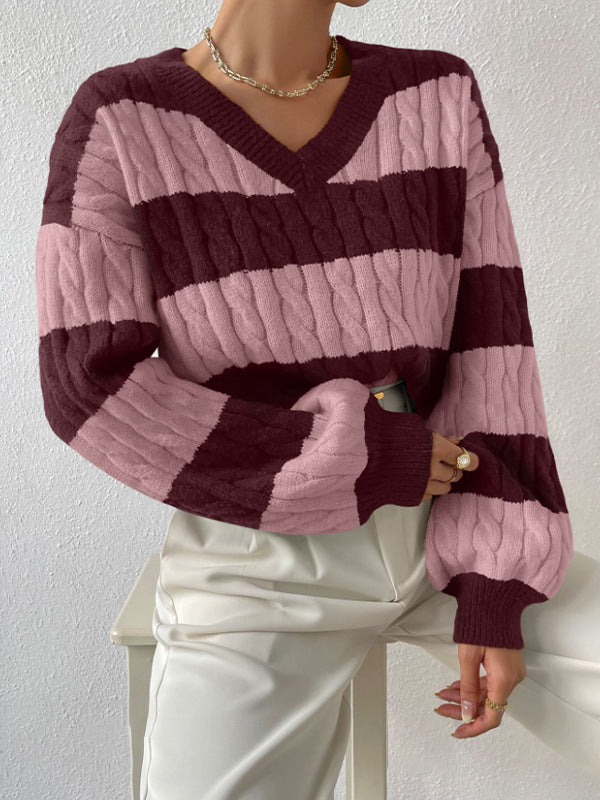 Autumn Winter Lazy Knitwear Loose Women V Neck Retro Contrast Color Striped Sweater