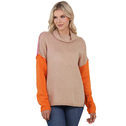 Contrast Color Pullover Women Autumn Winter Lazy Turtleneck Simple Stylish Casual Top Women