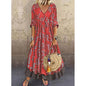 V-neck Three-Quarter Sleeve Vintage Printed Faux Two-Piece Women Dress Faux Two-Piece