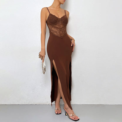 Low Cut Sexy Stitching High Waist Bottoming Dress Split Strap Dress Women