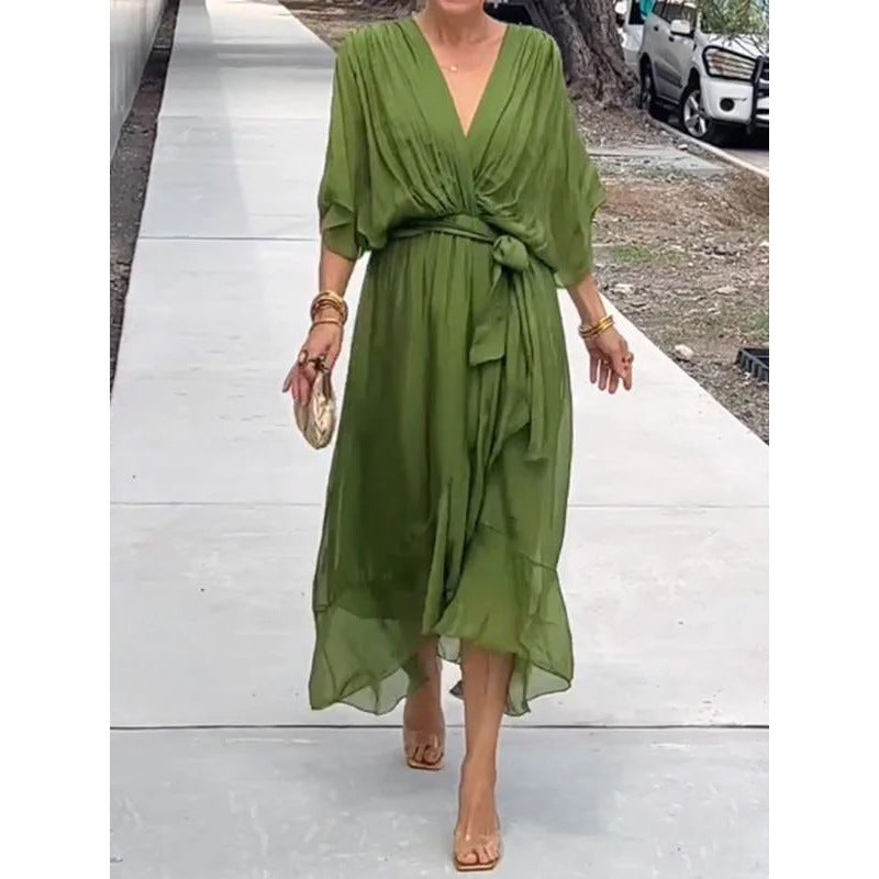 Women Clothing Solid Color Tied Maxi Dress Batwing Sleeve Irregular Asymmetric Dress